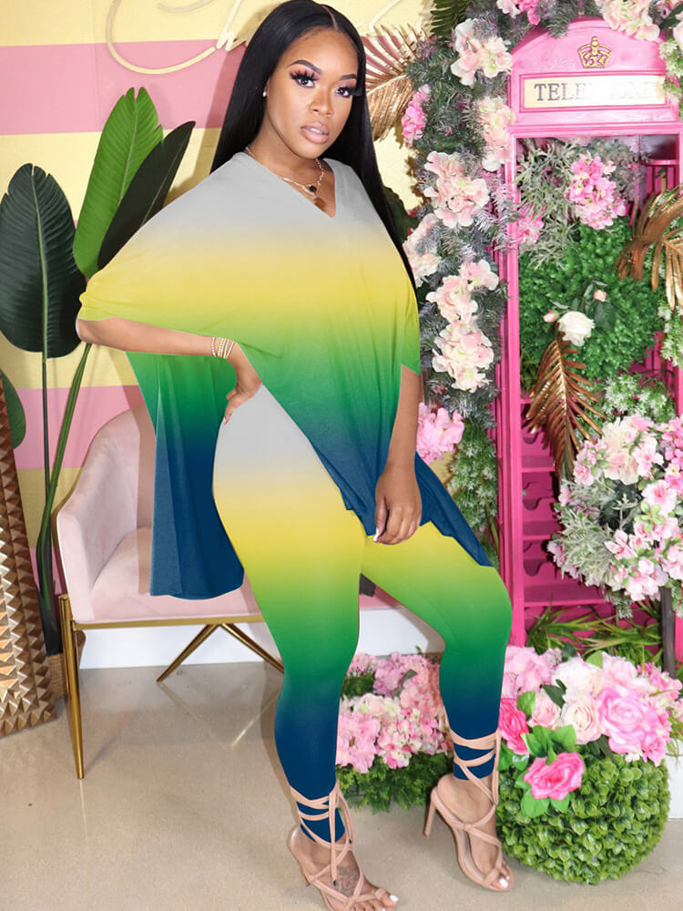 Plus Size Two Piece Tie Dyed Slit Tops+Bodycon Pants Sets Tiynon