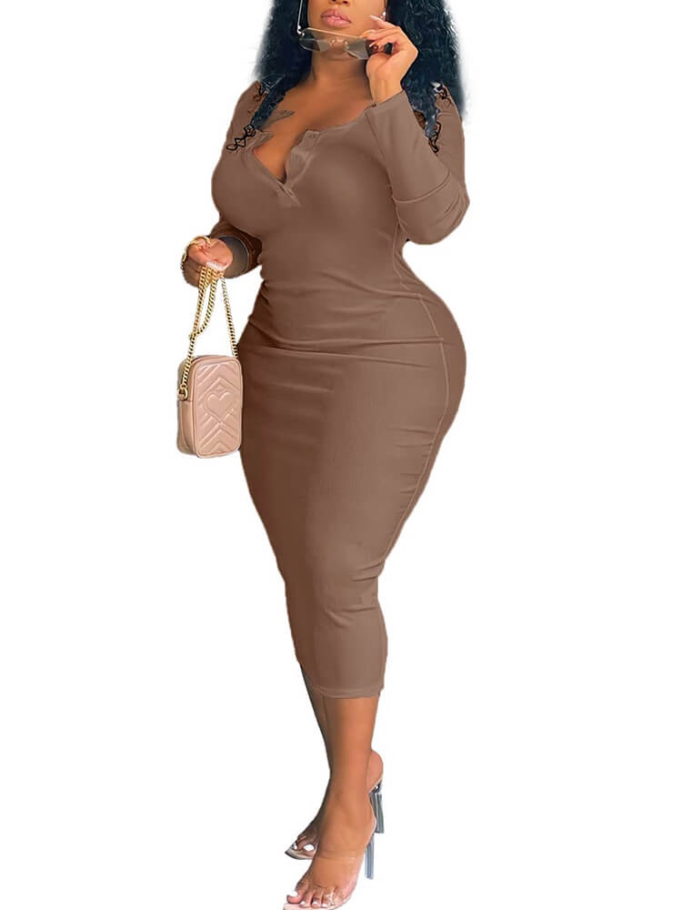 Plus Size V Neck Long Sleeve Bodycon Midi Dresses Tiynon