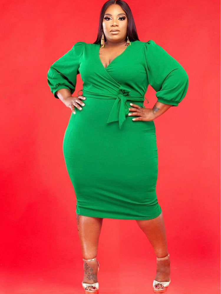 Plus Size V Neck Long Sleeve Midi Dresses Tiynon