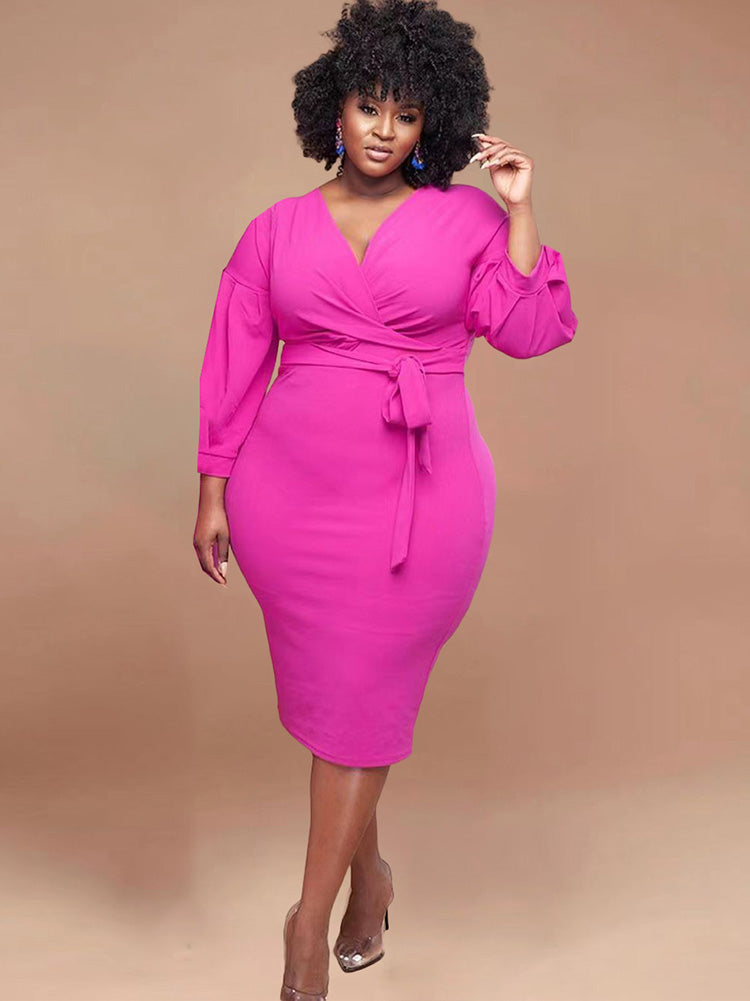 Plus Size V Neck Long Sleeve Midi Dresses Tiynon