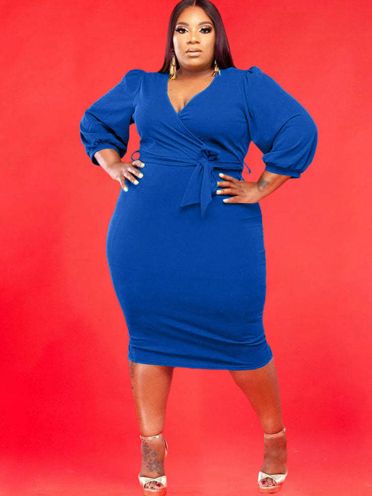 Plus Size V Neck Long Sleeve Midi Dresses Tiynon