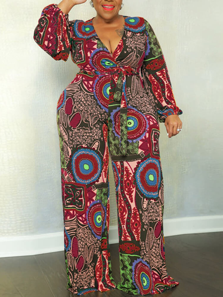 Plus Size V Neck Printed Tie Up Jumpsuits Tiynon