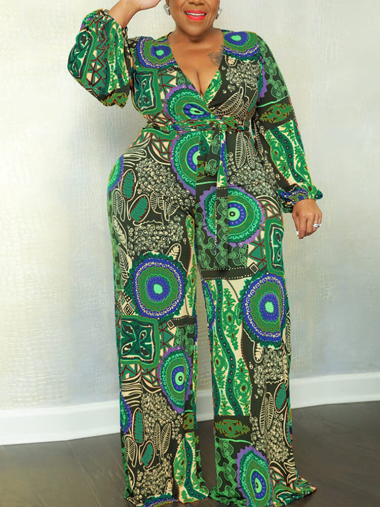 Plus Size V Neck Printed Tie Up Jumpsuits Tiynon