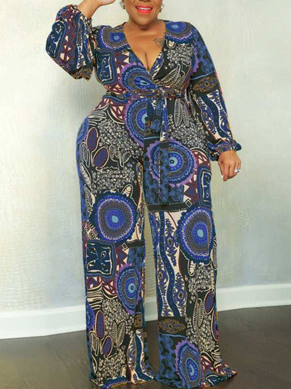 Plus Size V Neck Printed Tie Up Jumpsuits Tiynon