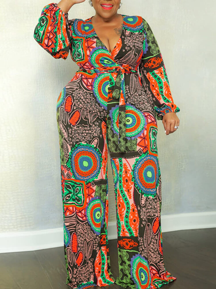 Plus Size V Neck Printed Tie Up Jumpsuits Tiynon