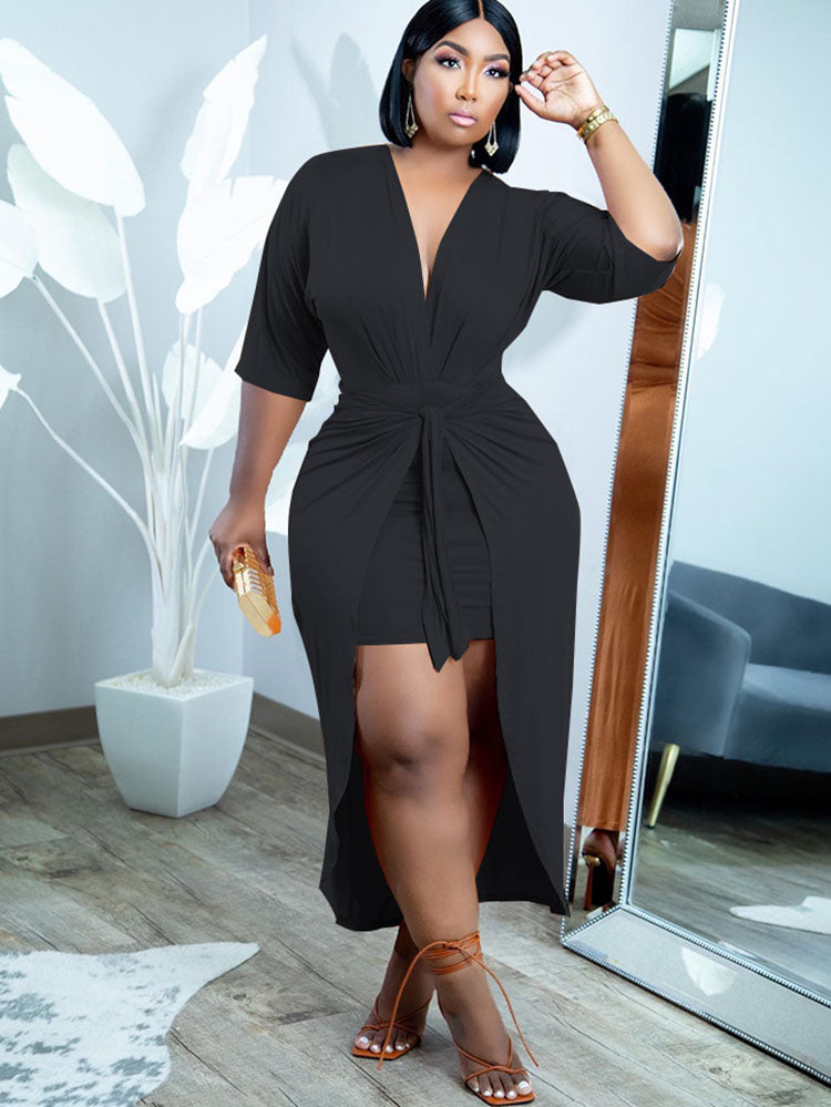 Plus Size V Neck Ruched Cloak Midi Dresses Tiynon