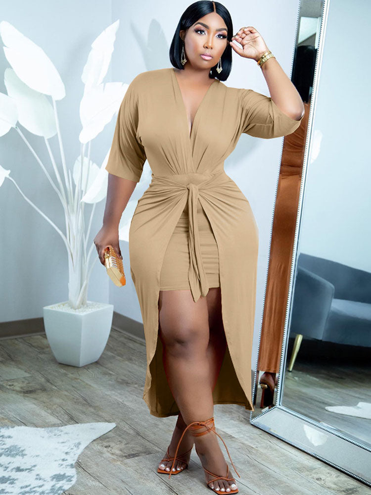 Plus Size V Neck Ruched Cloak Midi Dresses Tiynon