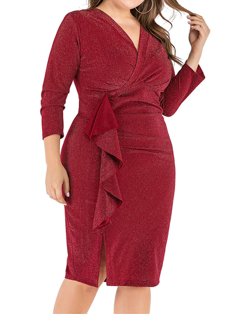 Plus Size V Neck Ruched Midi Dress Tiynon