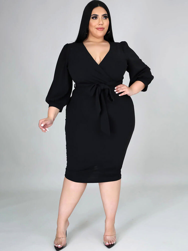 Plus Size V Neck Tie Waist Midi Dresses Tiynon