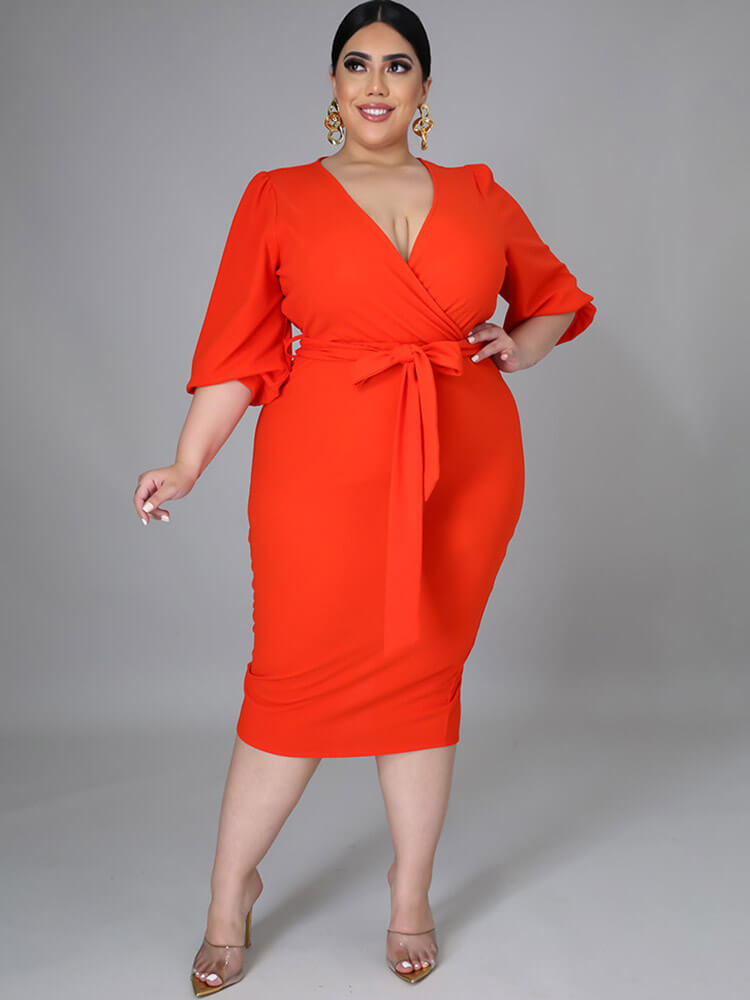 Plus Size V Neck Tie Waist Midi Dresses Tiynon