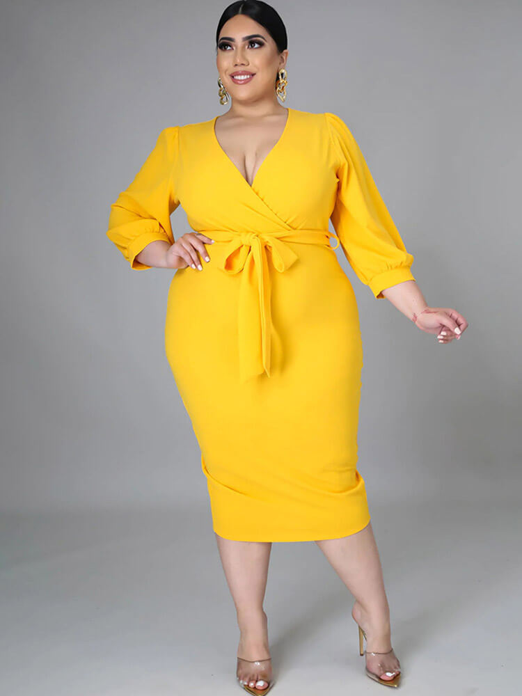 Plus Size V Neck Tie Waist Midi Dresses Tiynon