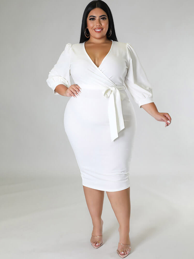 Plus Size V Neck Tie Waist Midi Dresses Tiynon