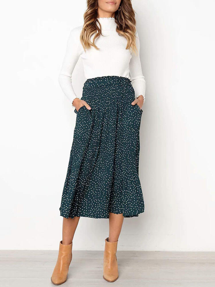 Polka Dots Floral Elastic Waist Long Dress Tiynon