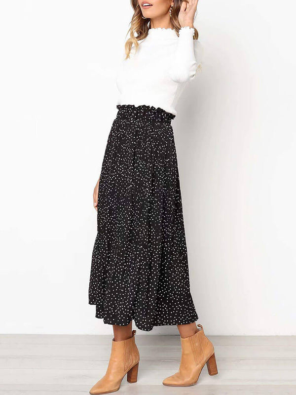 Polka Dots Floral Elastic Waist Long Dress Tiynon