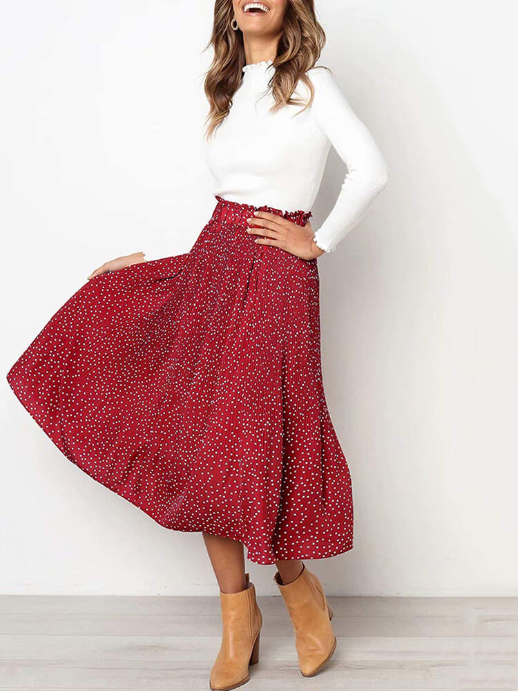 Polka Dots Floral Elastic Waist Long Dress Tiynon