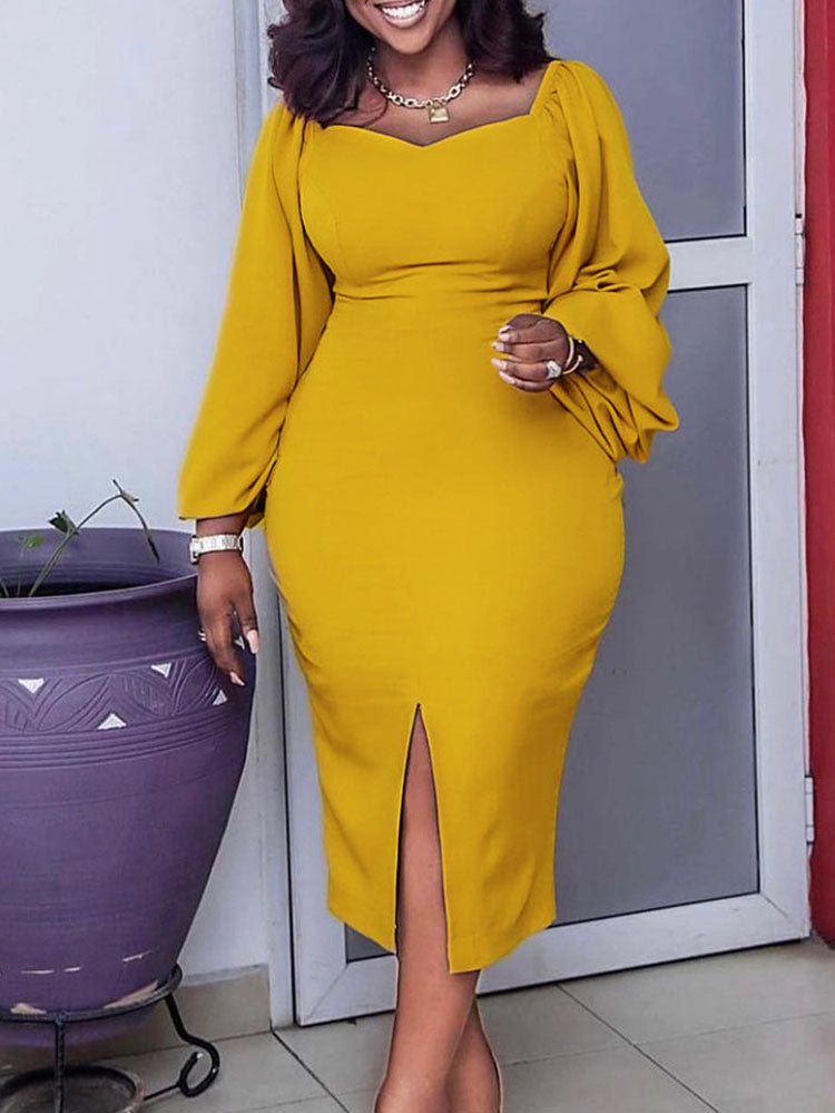 Puff Sleeves Split Plus Size Midi Dresses Tiynon