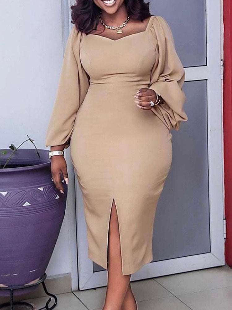 Puff Sleeves Split Plus Size Midi Dresses Tiynon