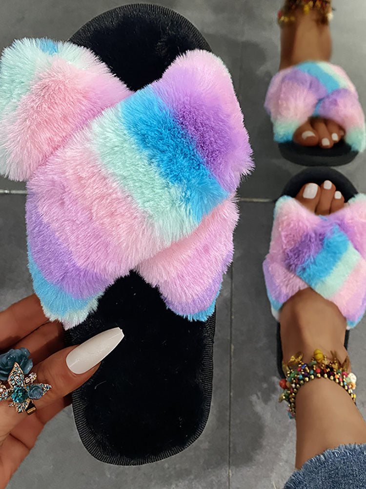 Rainbow Striped Plush Slippers Tiynon