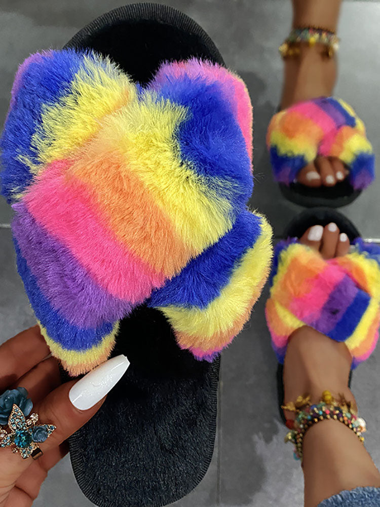 Rainbow Striped Plush Slippers Tiynon