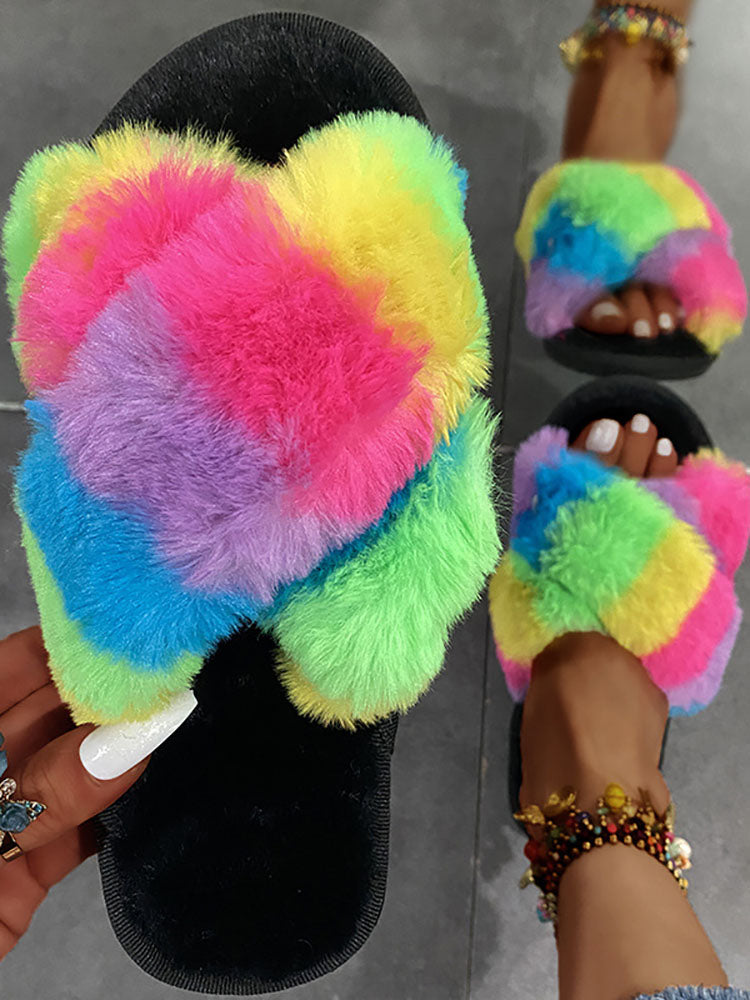 Rainbow Striped Plush Slippers Tiynon