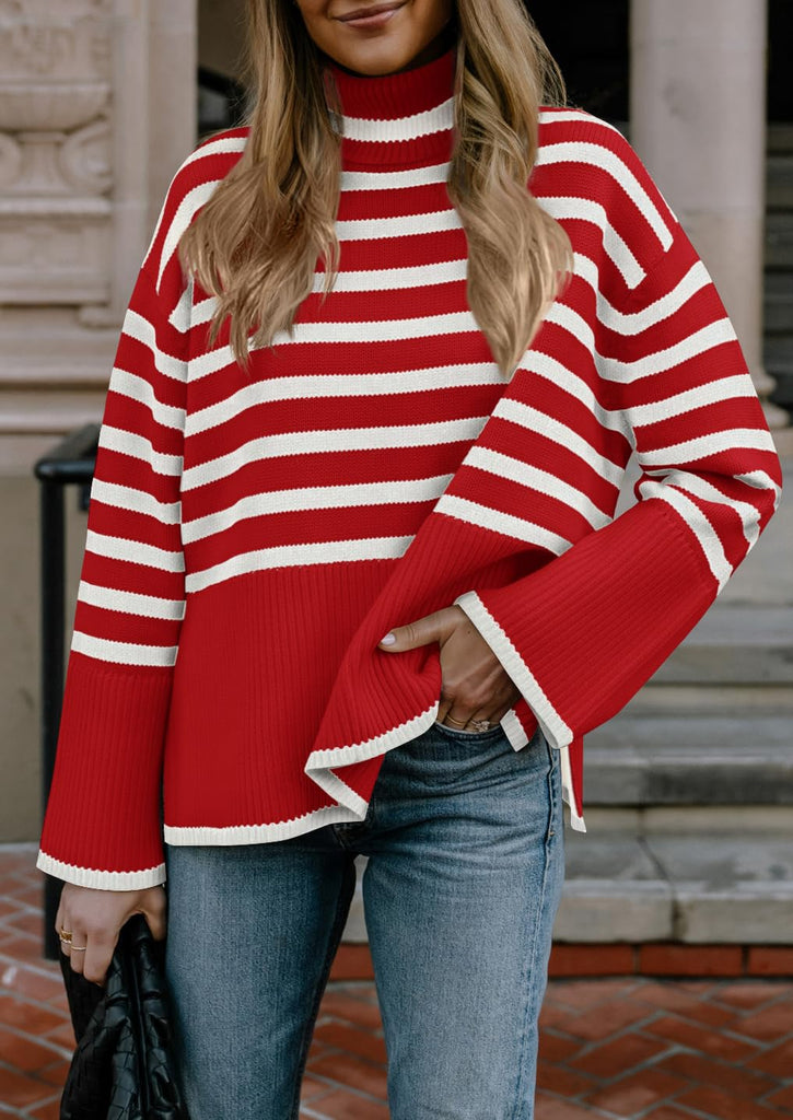 Long Sleeve Turtle Neck Striped Knit Top