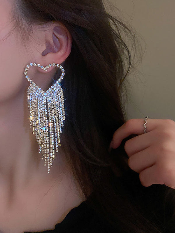 Rhinestone Butterfly Heart Tassel Earrings Tiynon