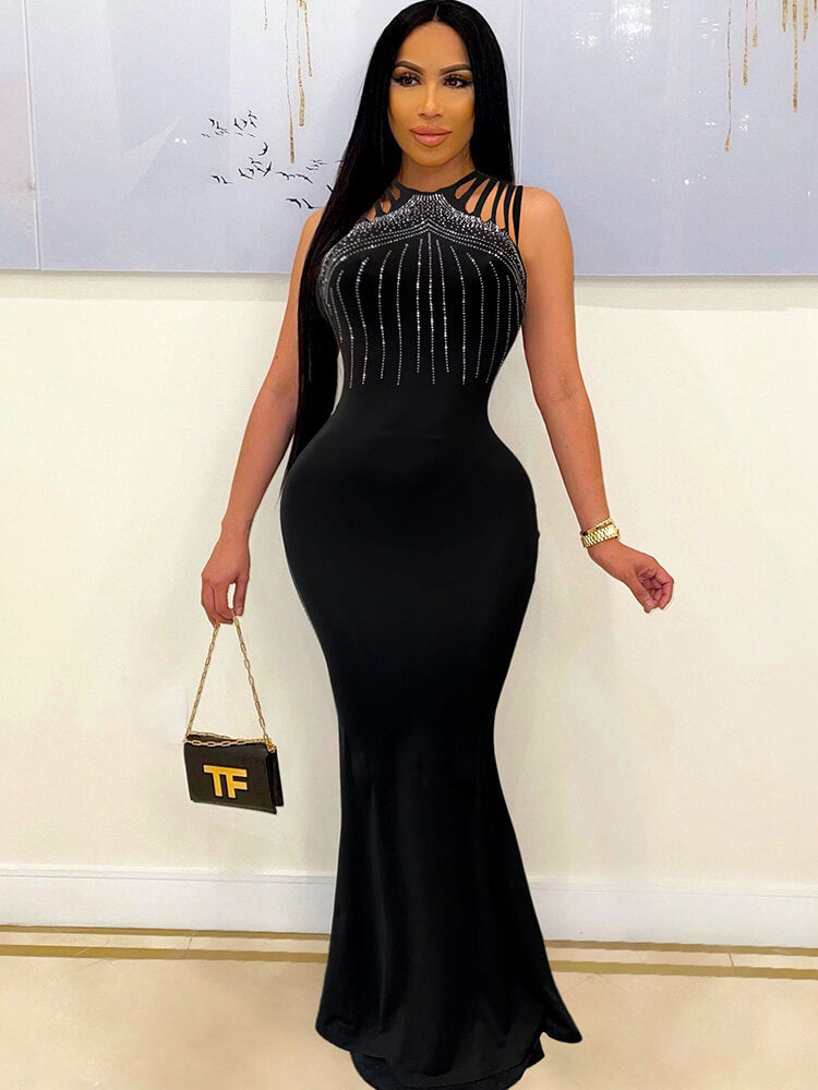 Rhinestone Sleeveless Bodycon Maxi Dress Tiynon