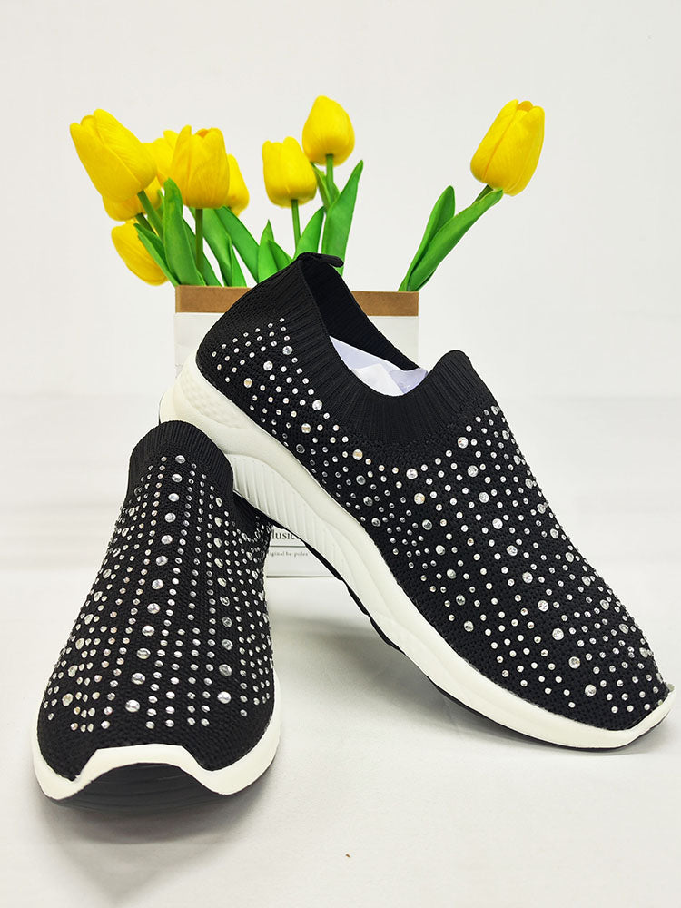 Rhinestone Slip-On Flat Knitted Shoes Tiynon