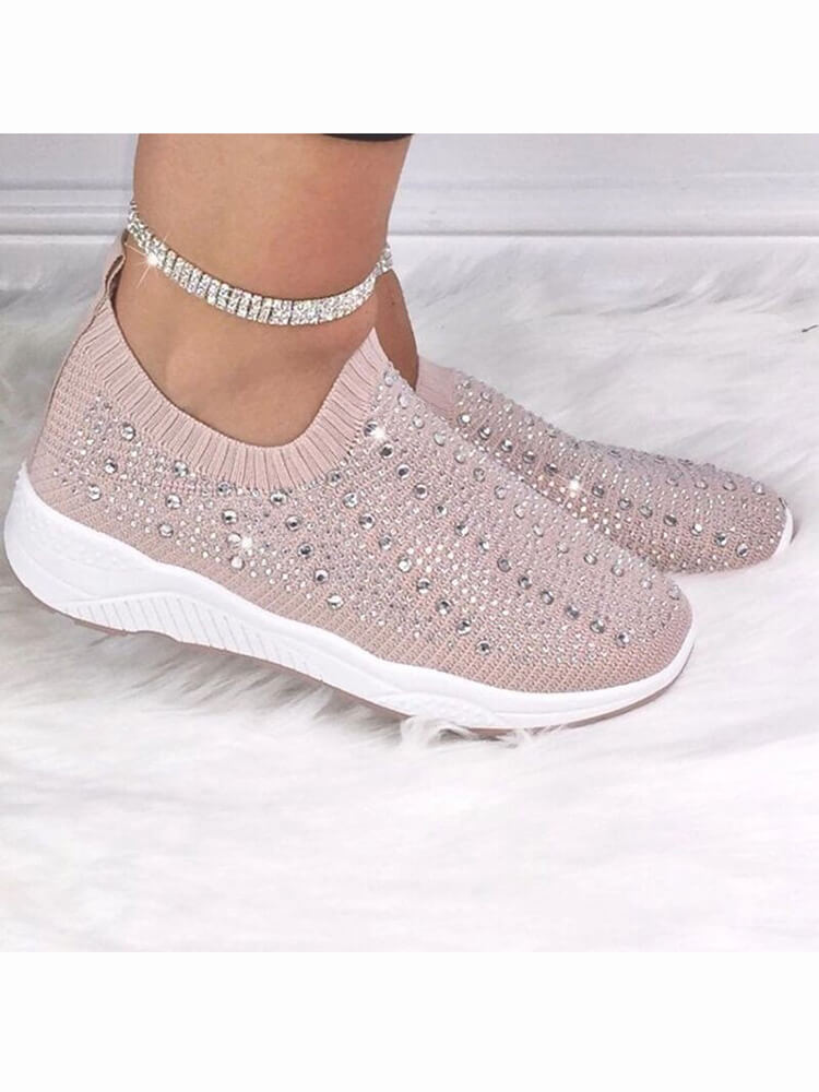 Rhinestone Slip-On Flat Knitted Shoes Tiynon