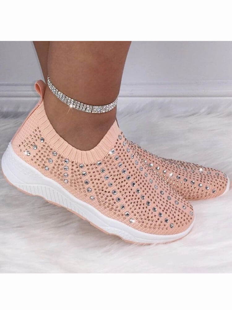 Rhinestone Slip-On Flat Knitted Shoes Tiynon