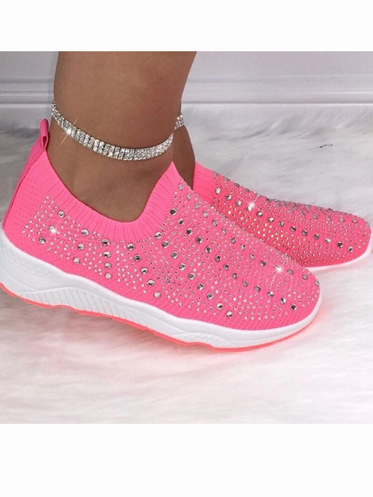 Rhinestone Slip-On Flat Knitted Shoes Tiynon