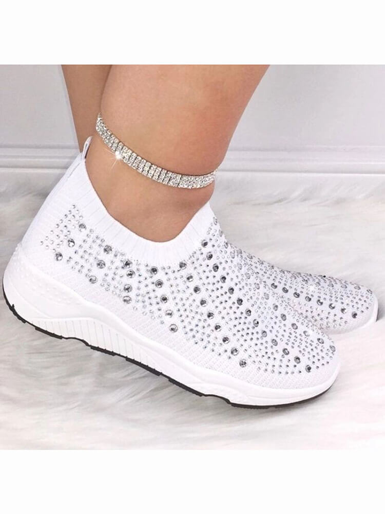 Rhinestone Slip-On Flat Knitted Shoes Tiynon