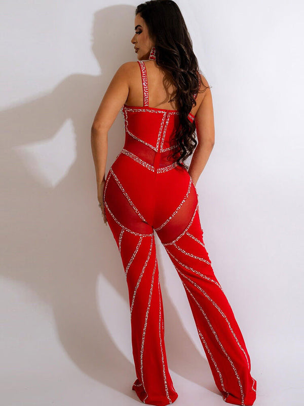 Rhinestone Spaghetti Strap Mesh Patchwork Jumpsuits Tiynon