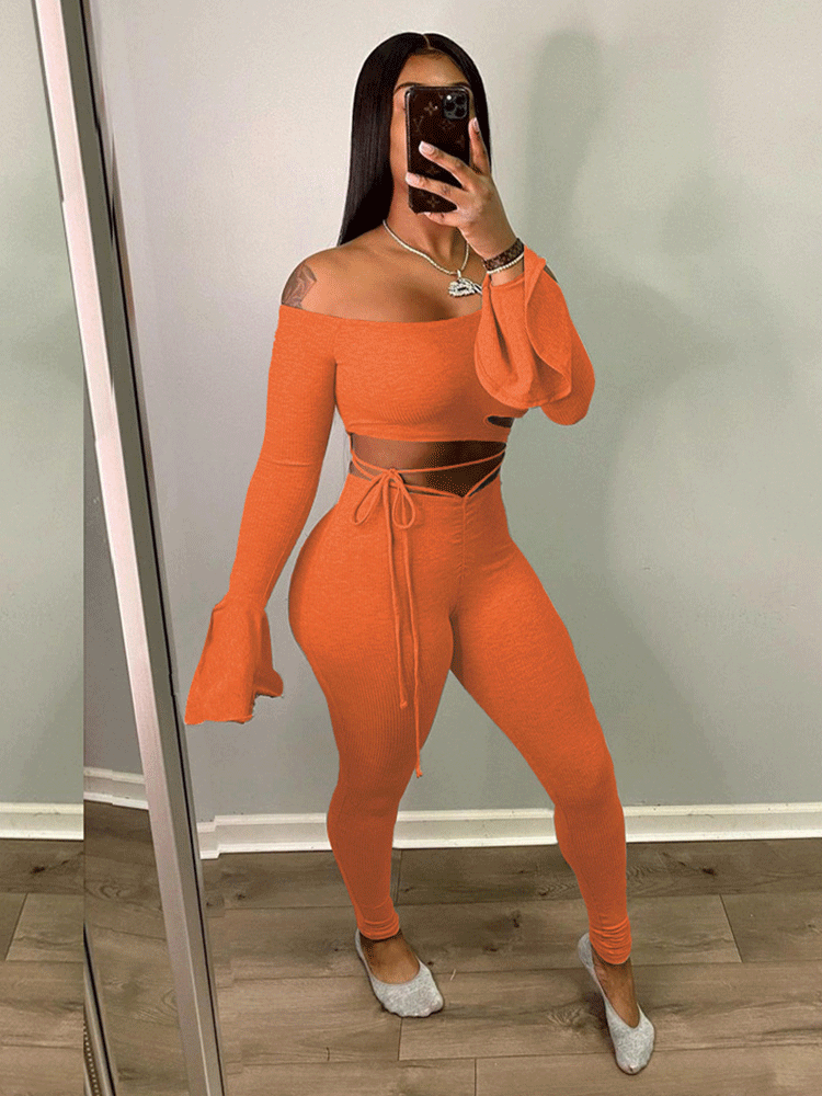 Ribbed Bell Long Sleeve Crop Tops Pants Sets Tiynon