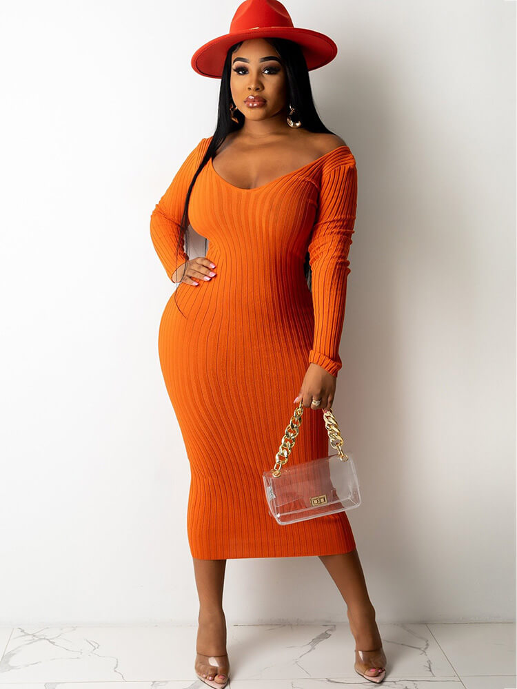 Ribbed Knit Solid Color Long Sleeve Bodycon Dresses Tiynon