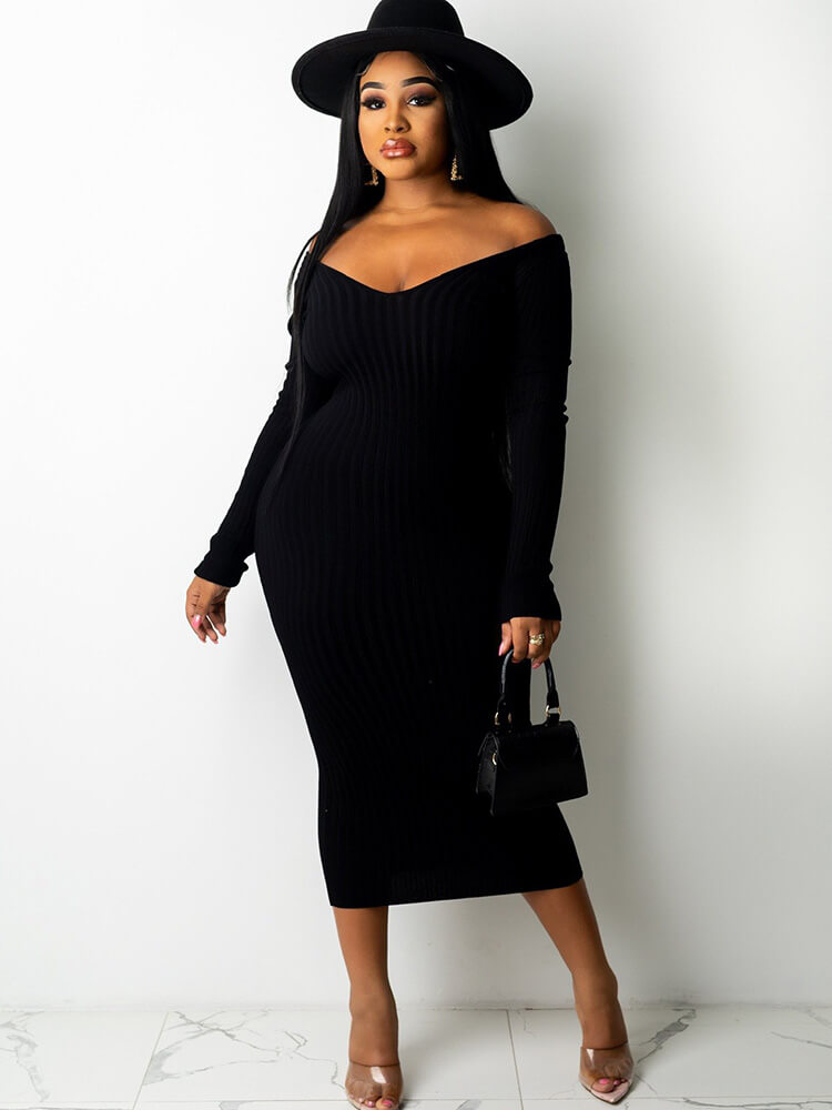 Ribbed Knit Solid Color Long Sleeve Bodycon Dresses Tiynon