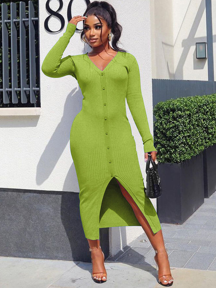 Ribbed Knitted Split Bodycon Midi Dresses Tiynon