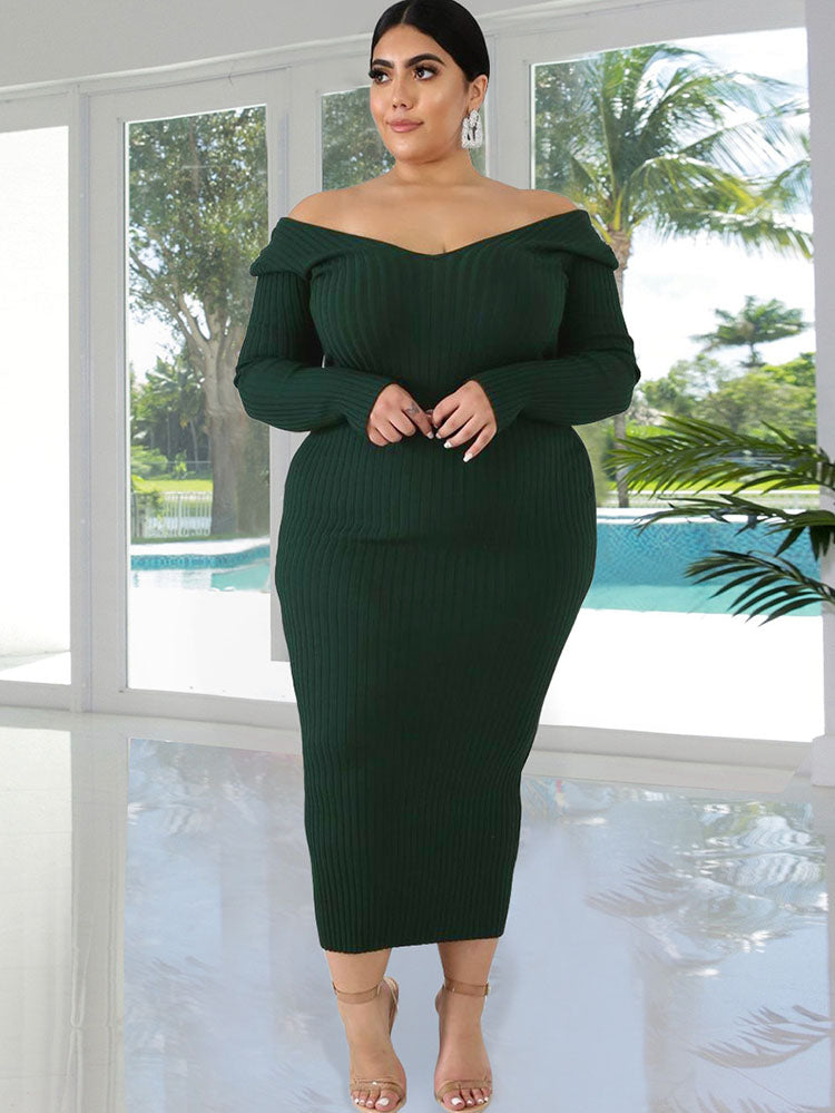 Ribbed Long Sleeves Midi Dresses Tiynon