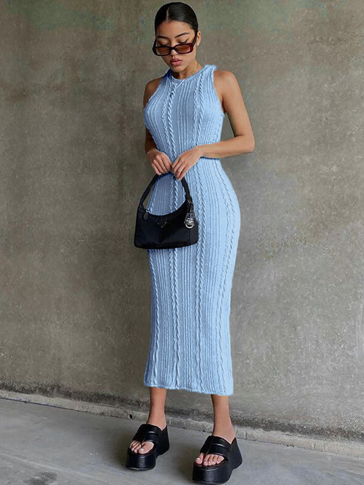 Ribbed Sleeveless Knit Midi Tank Dresses Tiynon