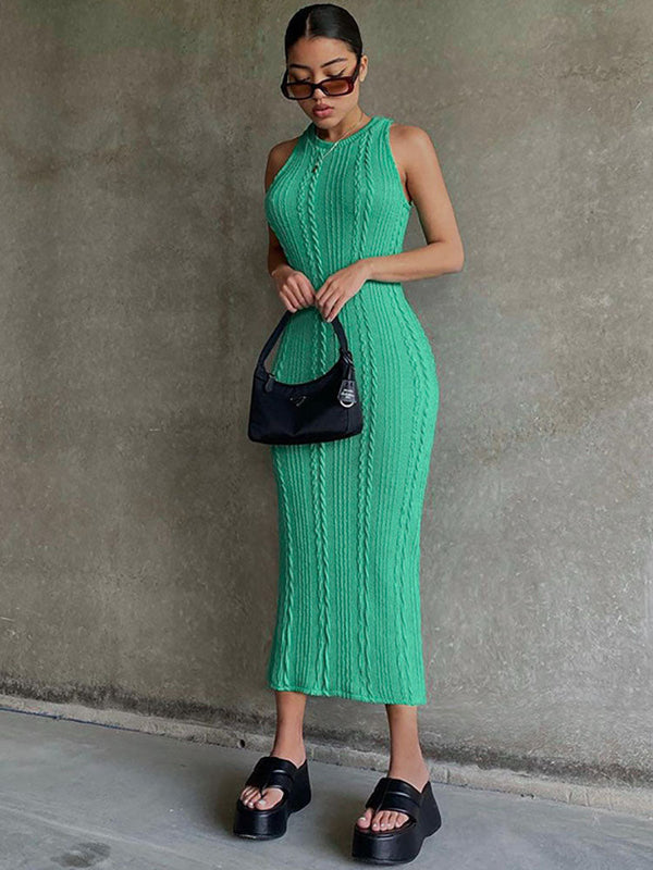 Ribbed Sleeveless Knit Midi Tank Dresses Tiynon