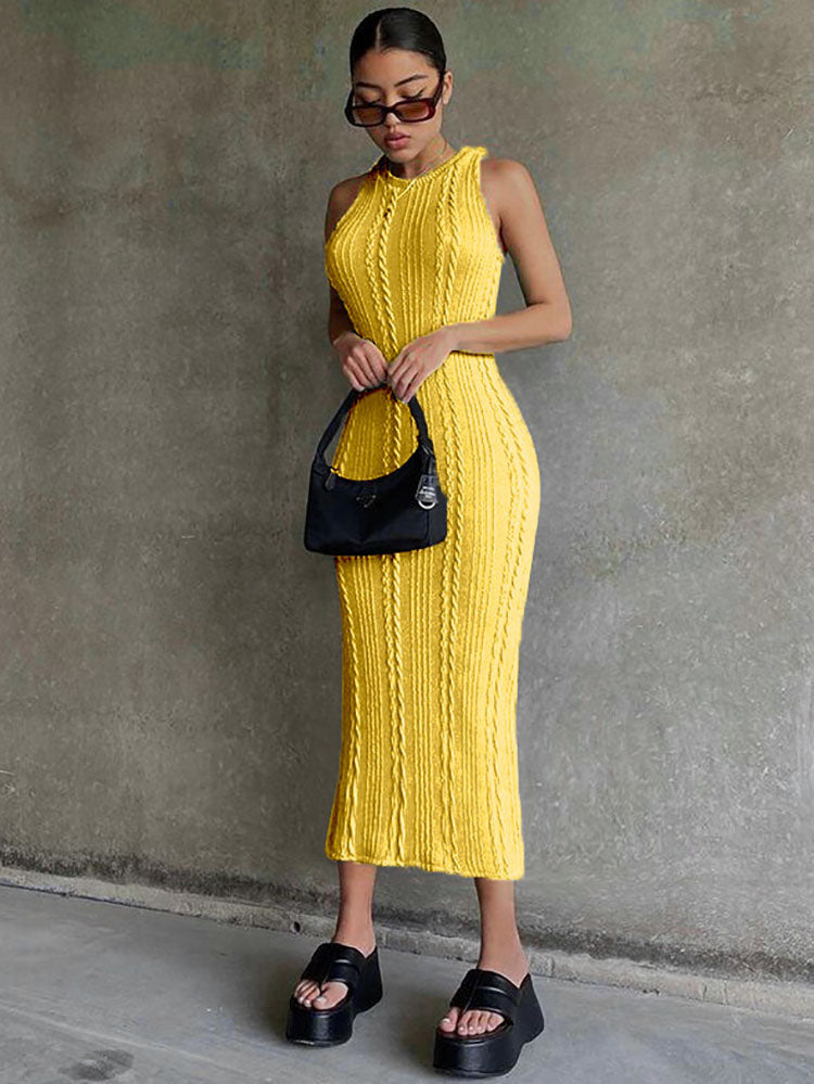 Ribbed Sleeveless Knit Midi Tank Dresses Tiynon