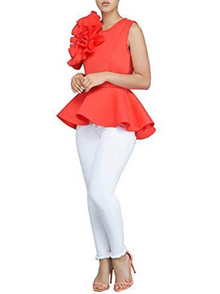 Round Neck Flounce Ruffle Peplum Tops Tiynon