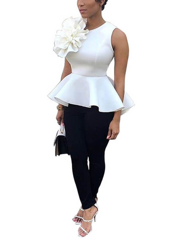 Round Neck Flounce Ruffle Peplum Tops Tiynon