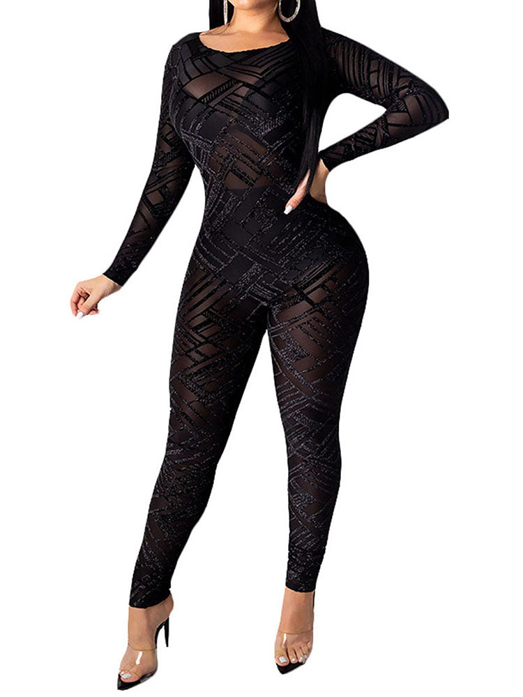 Round Neck Mesh Jumpsuit Tiynon