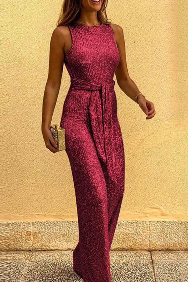 Round Neck Sleeveless Sequin Jumpsuit Tiynon