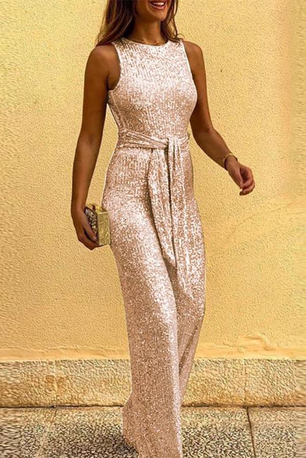 Round Neck Sleeveless Sequin Jumpsuit Tiynon