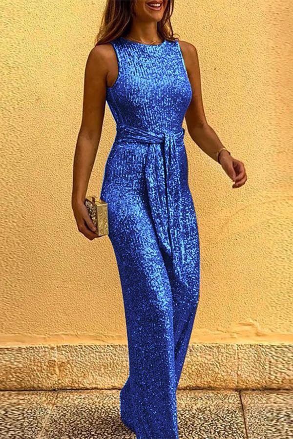 Round Neck Sleeveless Sequin Jumpsuit Tiynon