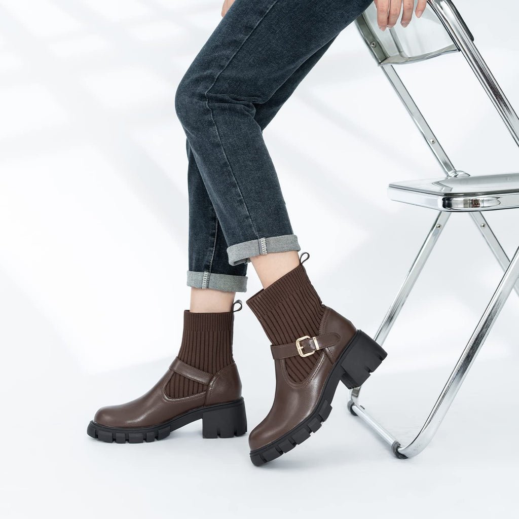 Round Toe Slip-On Platform Ribbed Knit Boots Tiynon