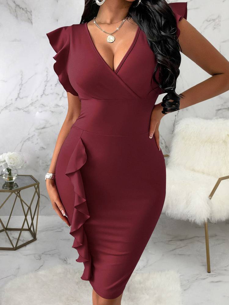 Ruffle Sleeve Bodycon Midi Dresses Tiynon