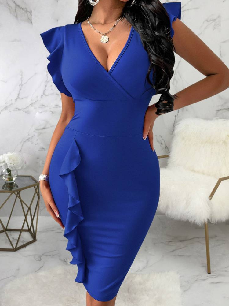 Ruffle Sleeve Bodycon Midi Dresses Tiynon